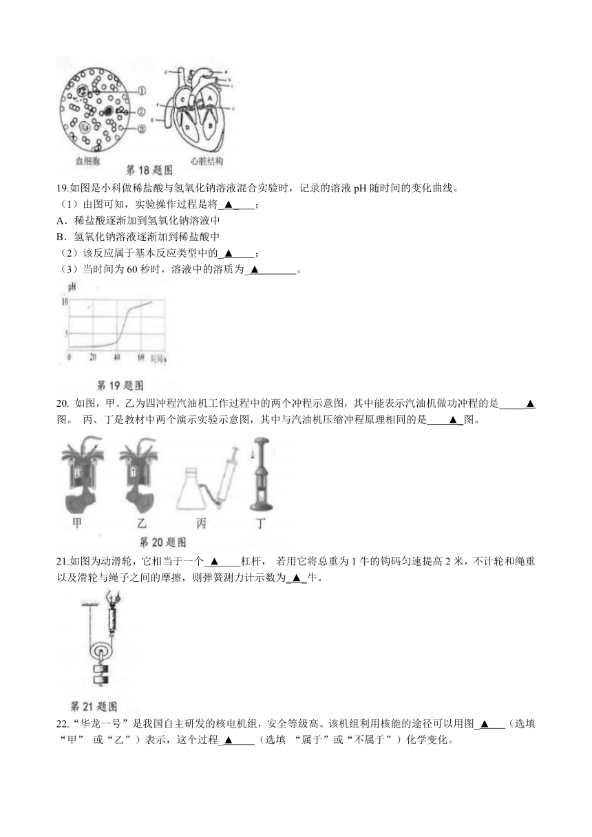 浙江省衢州市衢江区2021-2022学年第一学期九年级科学期末试题（word版，无答案）