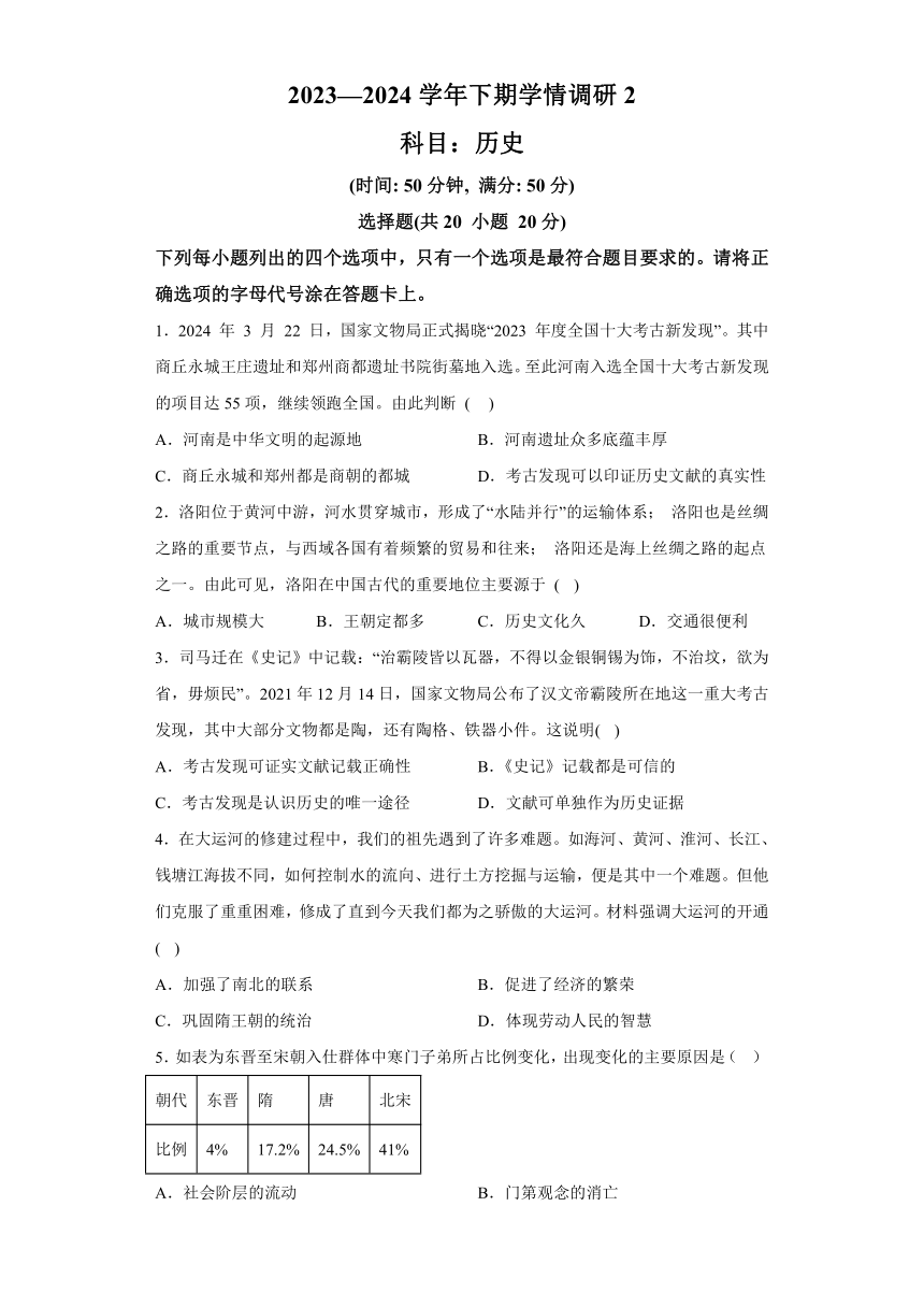 河南省实验中学2023-2024学年九年级下学期期中历史试题（含解析）
