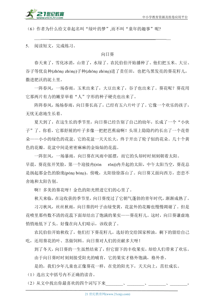 【新课标】统编版语文六年级上册第七单元素养提升专项训练-阅读篇（含答案）