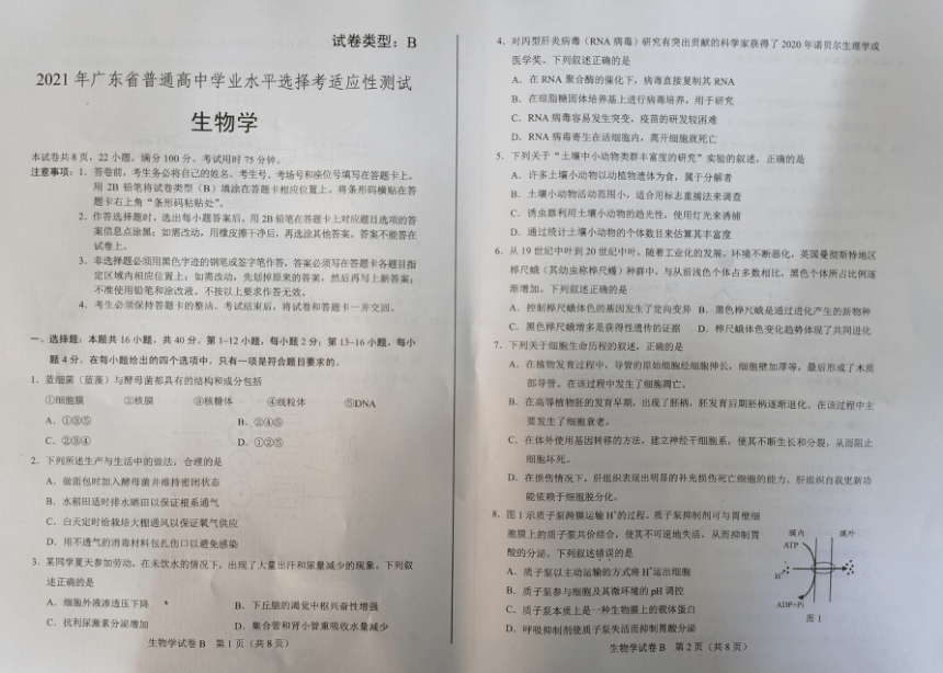 2021年广东省普通高中学业水平适应性测试生物试题（PDF图片版，无答案）