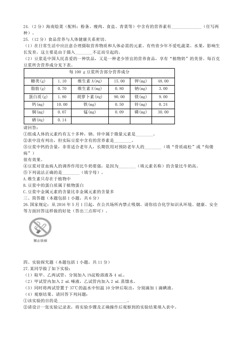 鲁教版九年级化学下册第十单元  化学与健康 单元检测卷（word版有答案）