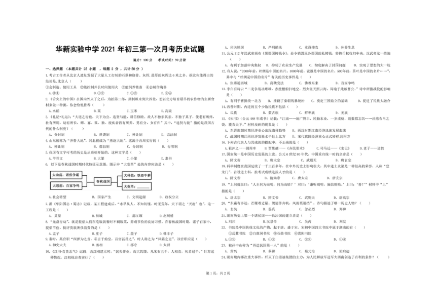 湖南省衡阳市华新实验中学2020-2021学年下学期九年级历史第一次月考试题（图片版，无答案）