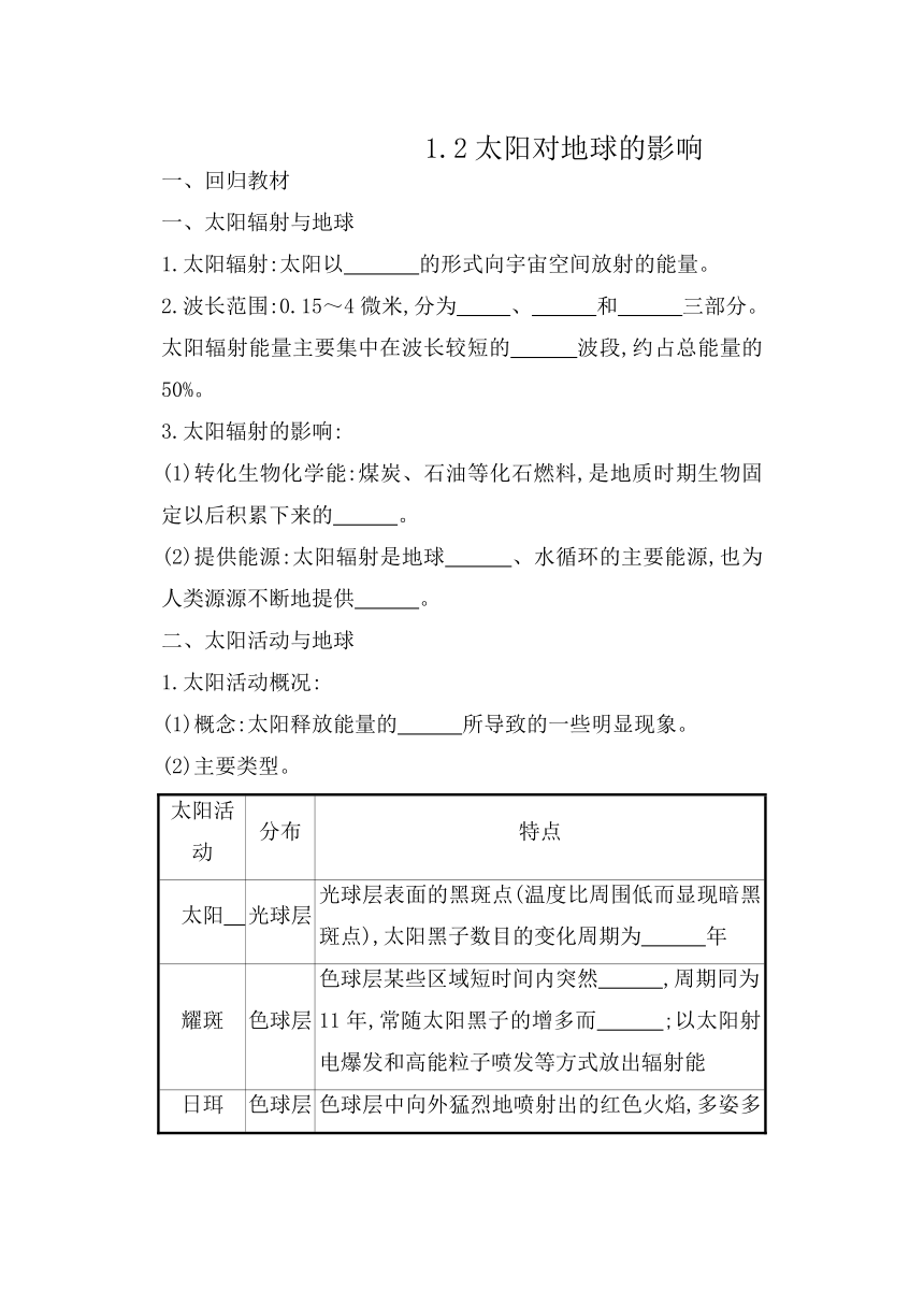 湘教版（2019）高中地理必修一 1.2 太阳对地球的影响 导学案 （含答案）