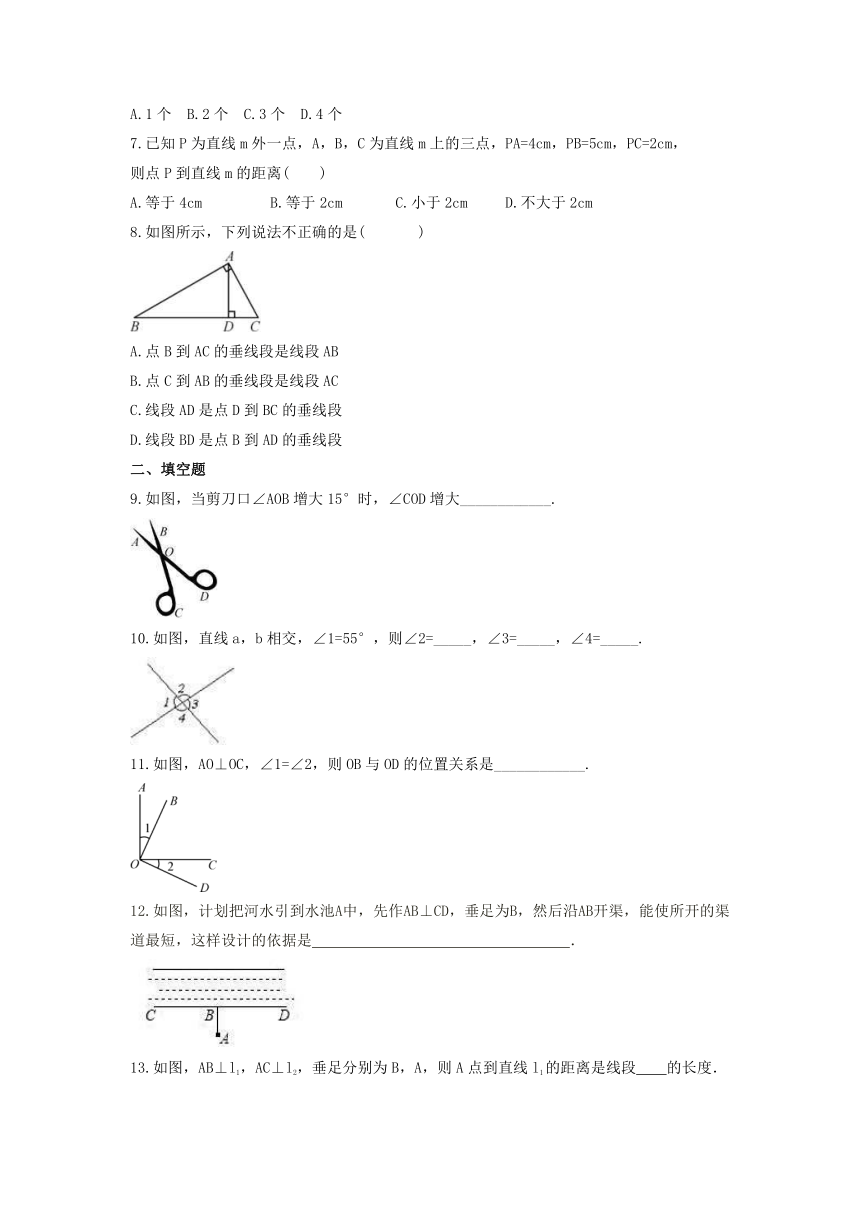 2.1 两条直线的位置关系 课时练习2021- 2022学年北师大版数学七年级下册（word版含简单答案）