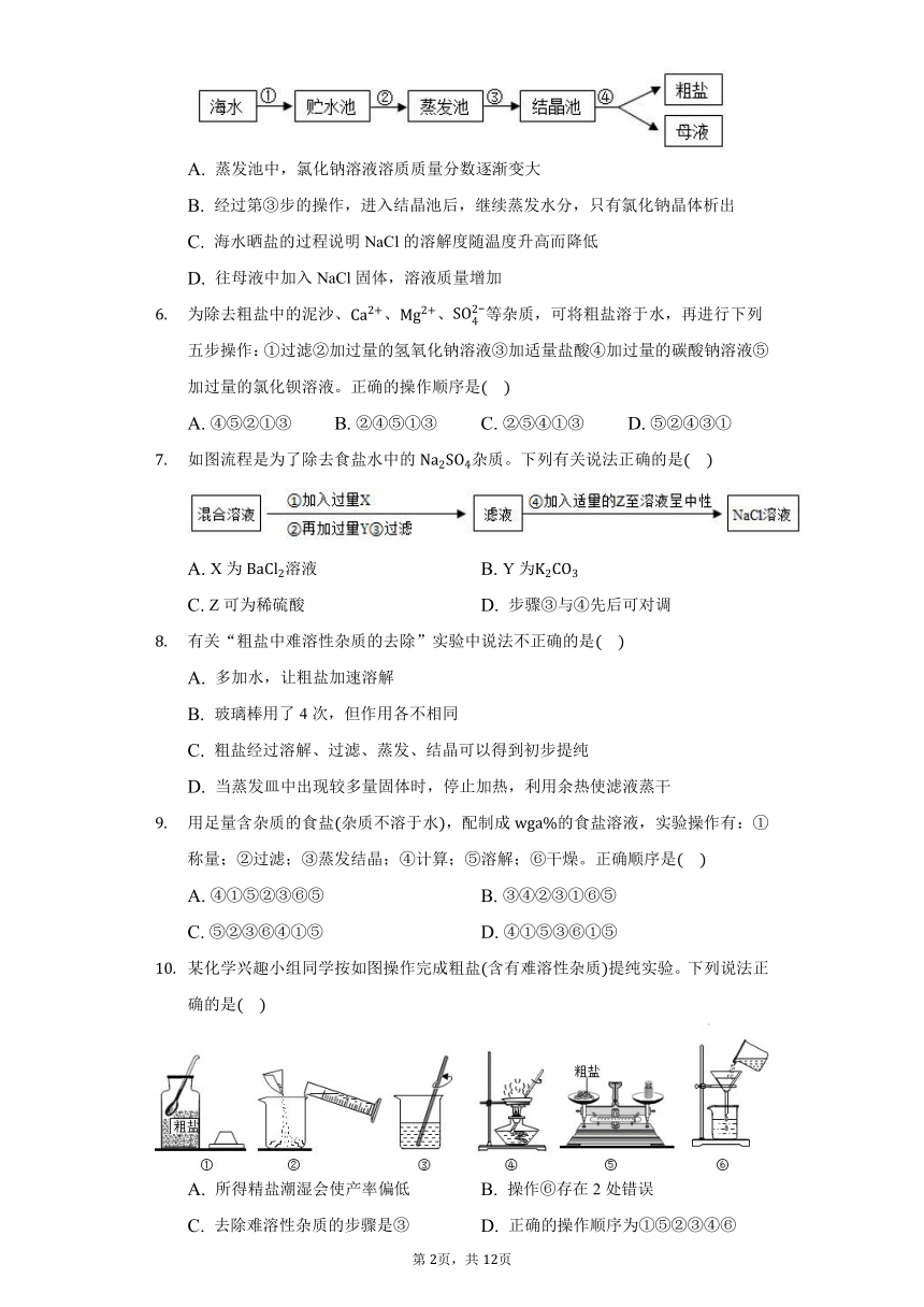 鲁教版五四制九年级化学3.2海水晒盐习题（含解析）