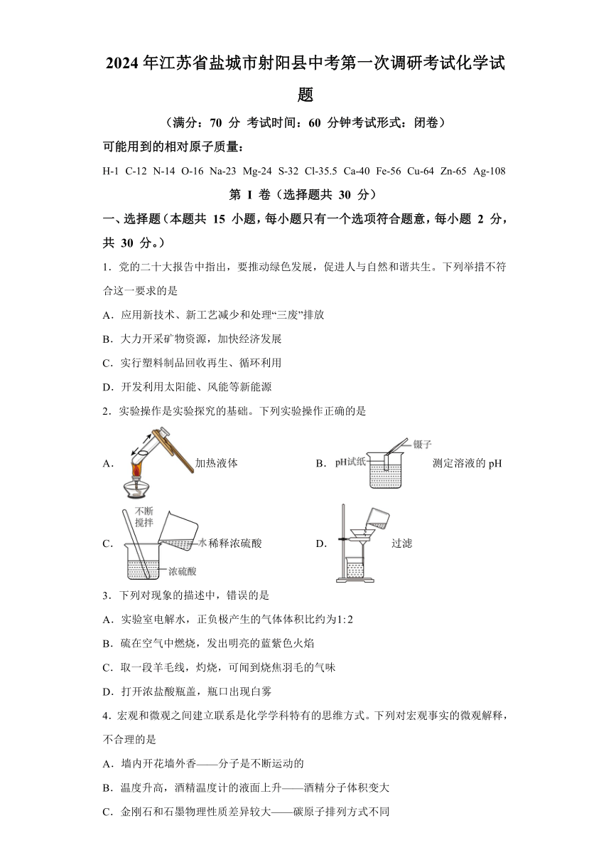 2024年江苏省盐城市射阳县中考第一次调研考试化学试题（含解析）