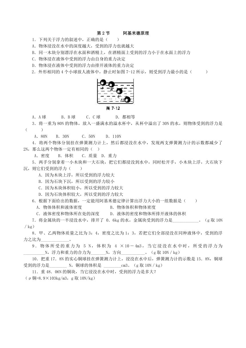 人教版物理八年级下册 10.2阿基米德原理 同步练习（无答案）