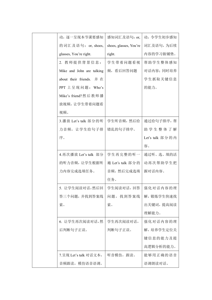 Unit 3 My friends  Part B Let’s talk 表格式教案