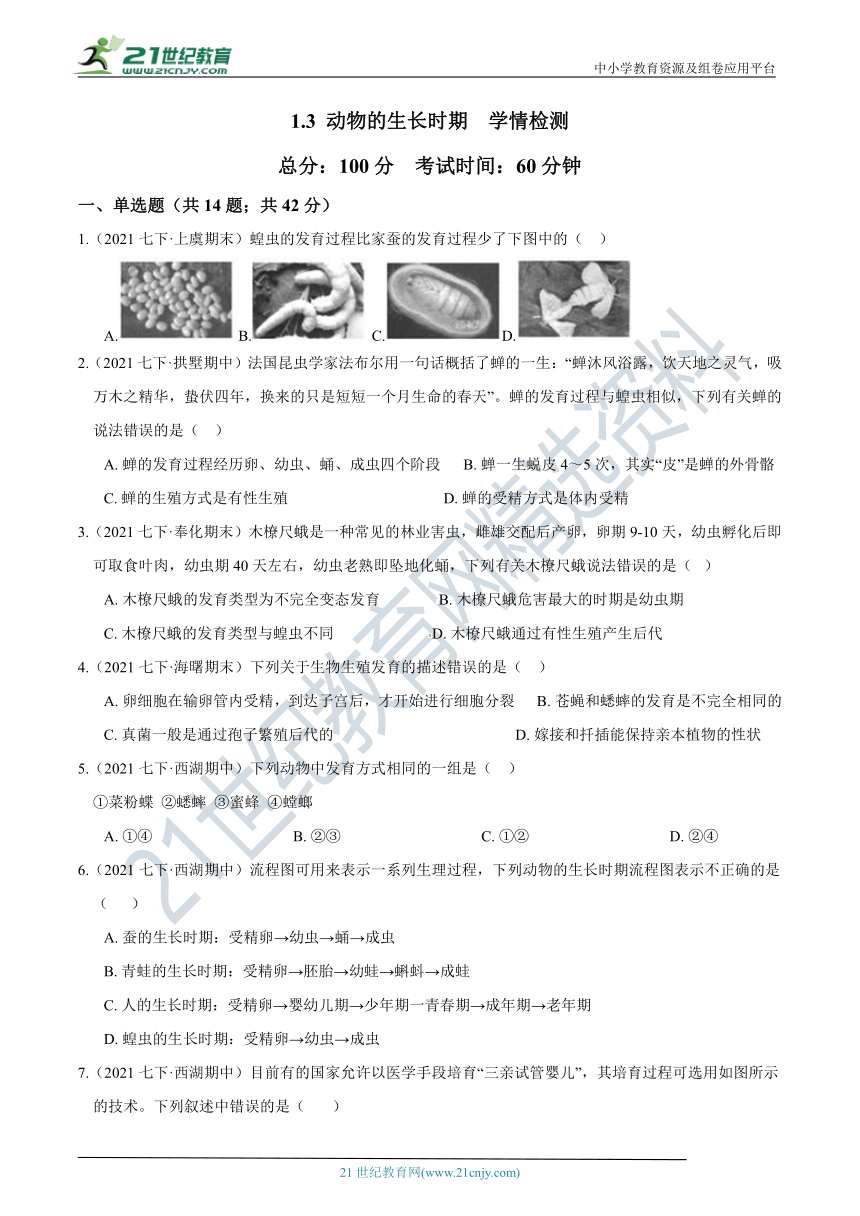 【7年级下册同步讲练测】1.3 动物的生长时期  学情检测（含答案）