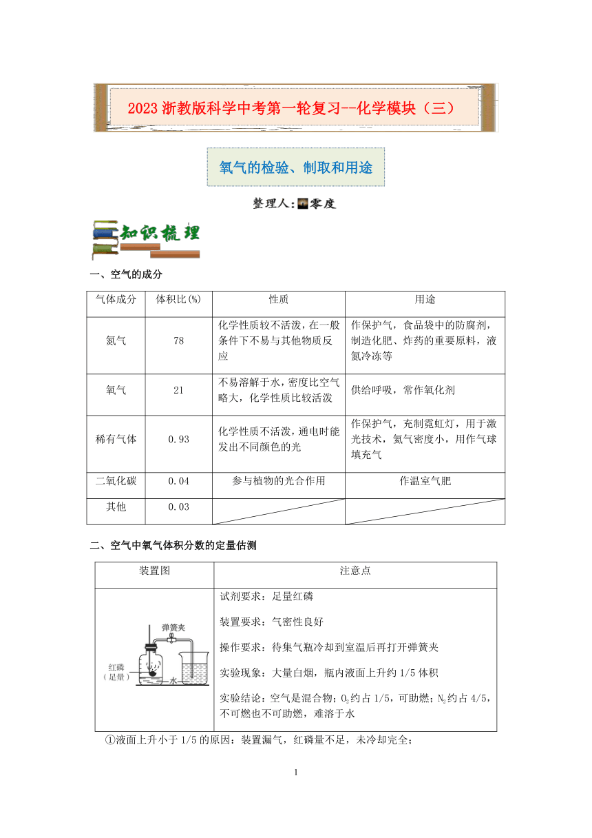 【备考2023】浙教版科学中考第一轮复习--化学模块（三）：氧气的检验、制取和用途【word，含答案解析】