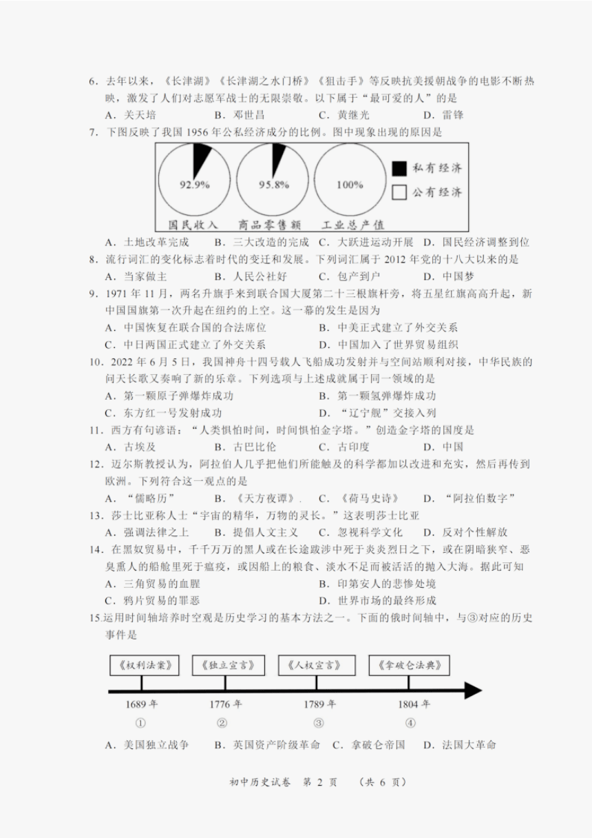 2022年湖南省衡阳市中考历史真题（PDF版，无答案）