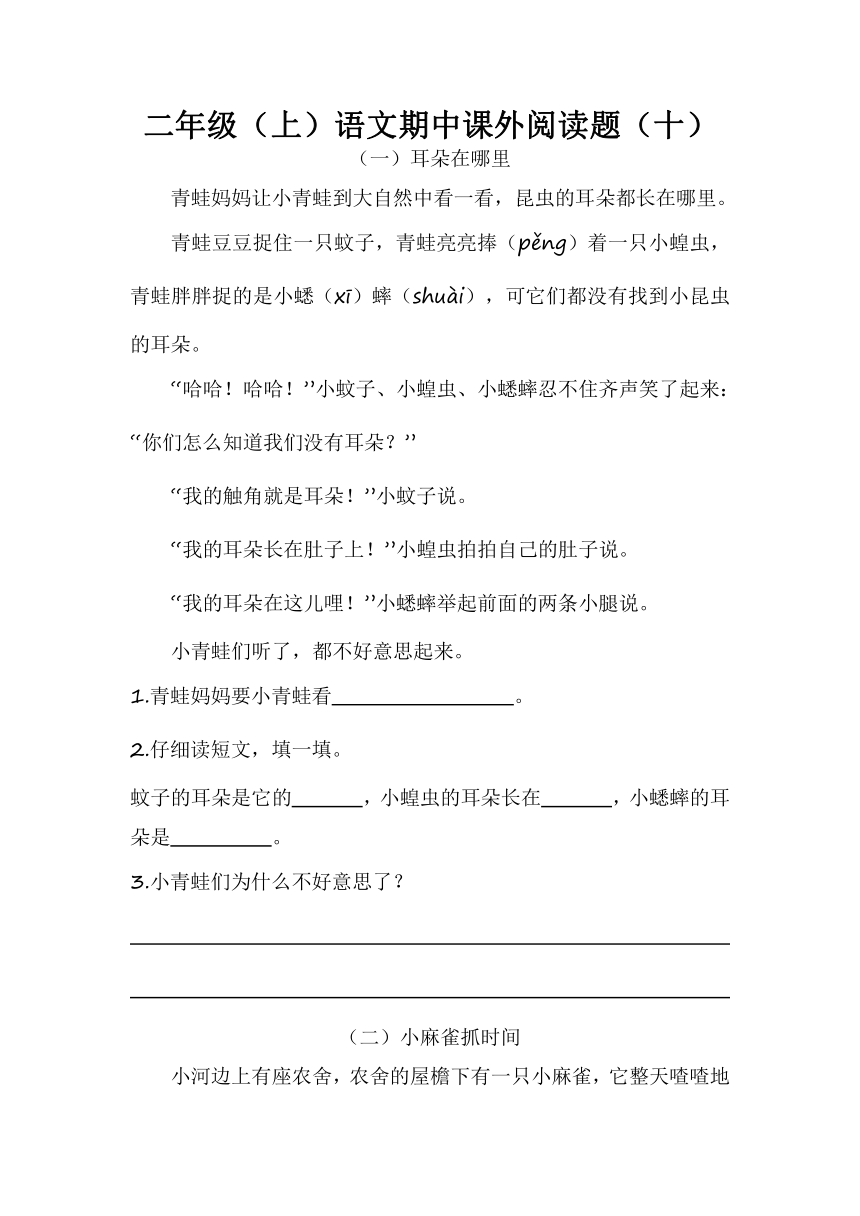 统编版二年级（上）语文期中课外阅读题（十）（含答案）