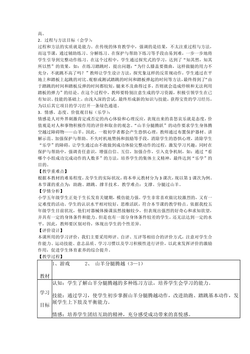 体育五年级下册 山羊分腿腾越 教学设计（表格式）