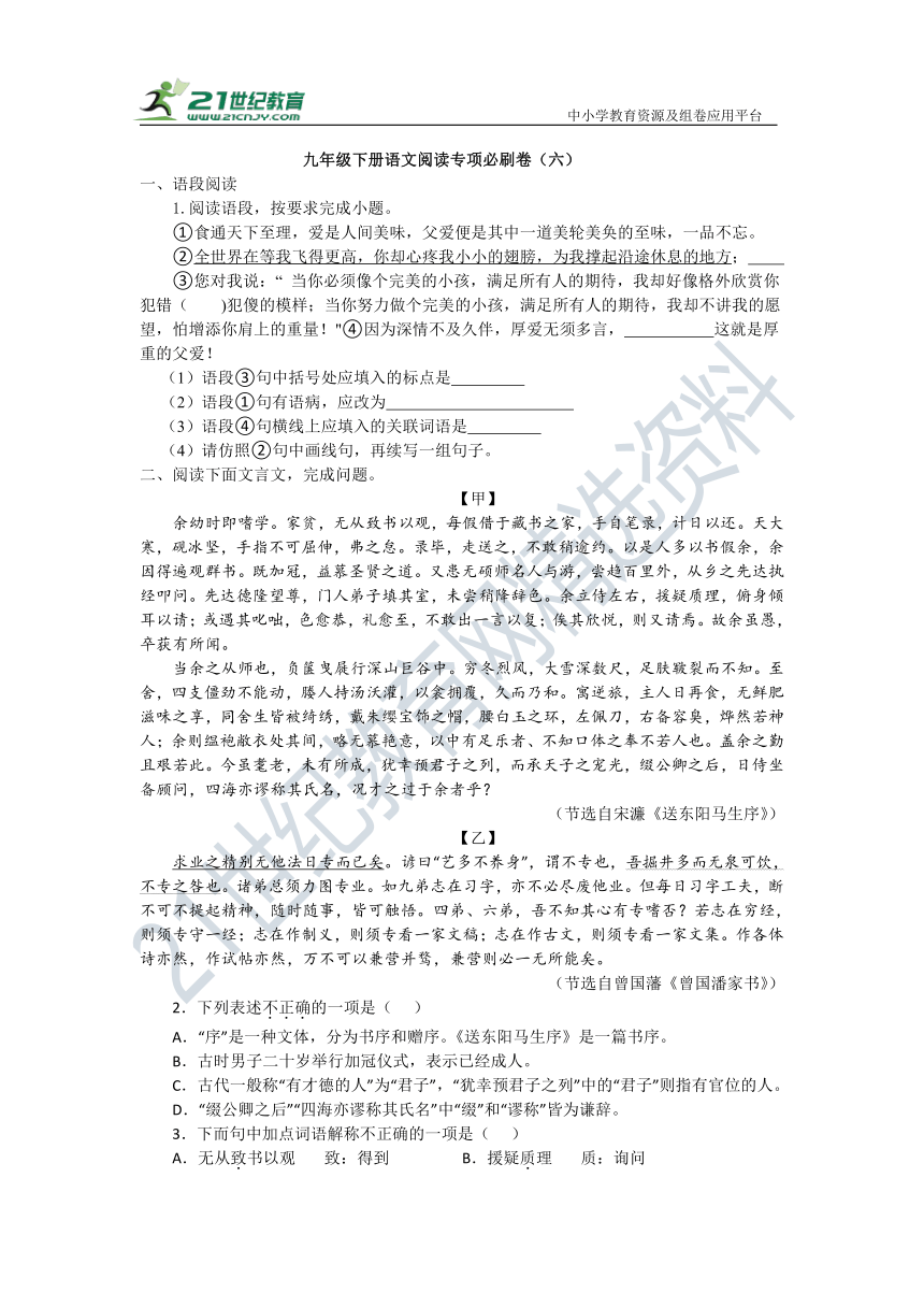 九年级下册语文阅读专项必刷卷6 试卷（含答案）