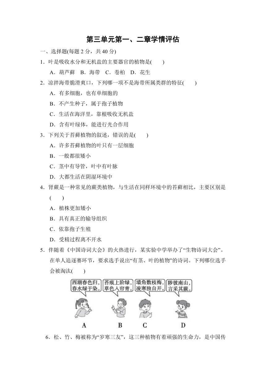 人教版生物七年级上学期第三单元第一、二章学情评估试题（含答案）