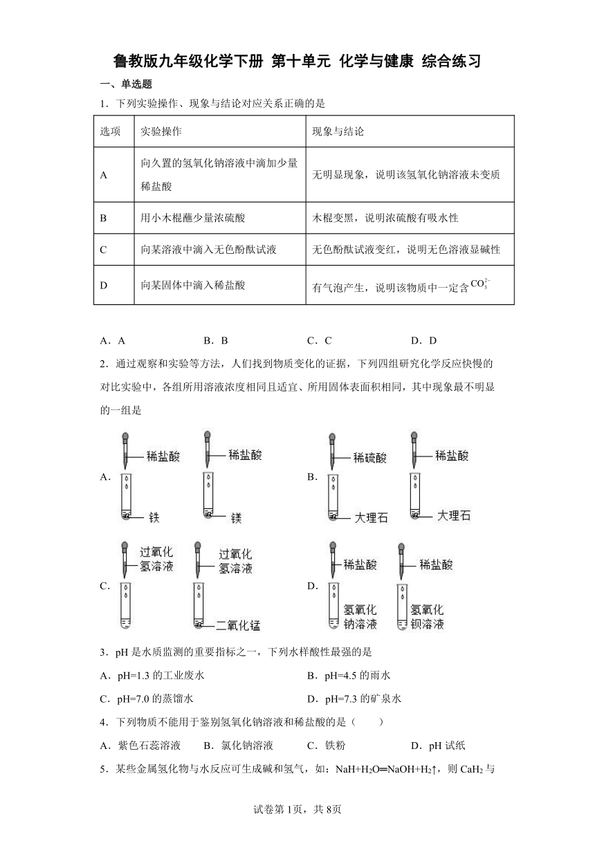 鲁教版九年级化学下册 第十单元 化学与健康 综合练习（word版 含答案）