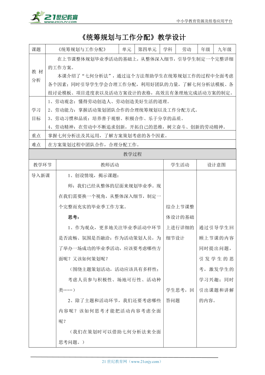 【核心素养目标】浙教版劳动九年级项目四任务二《统筹规划与工作分配》教案