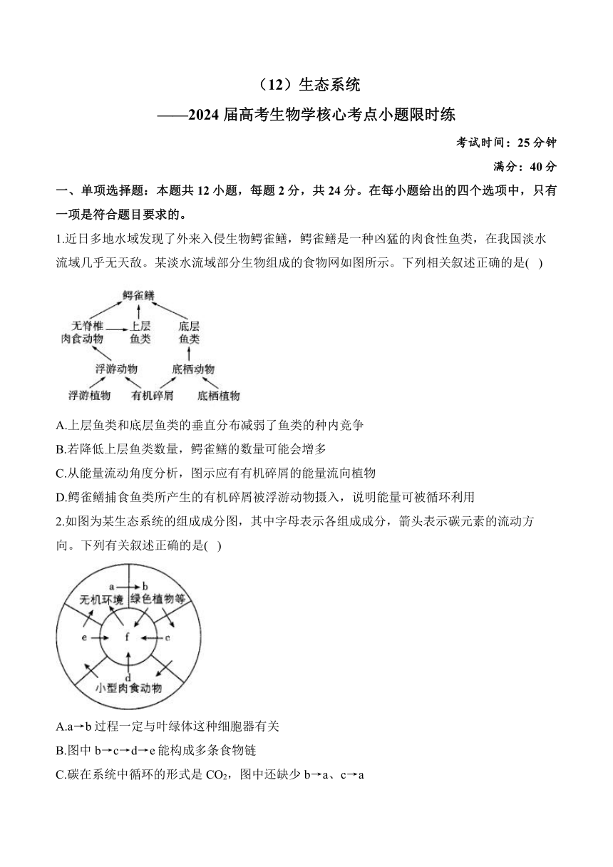 2024 届高考生物学核心考点小题限时练：生态系统（含解析）