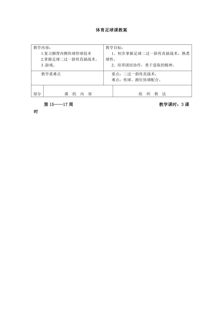 人教版 四年级下册体育 二过一斜传战术 教案（表格式）