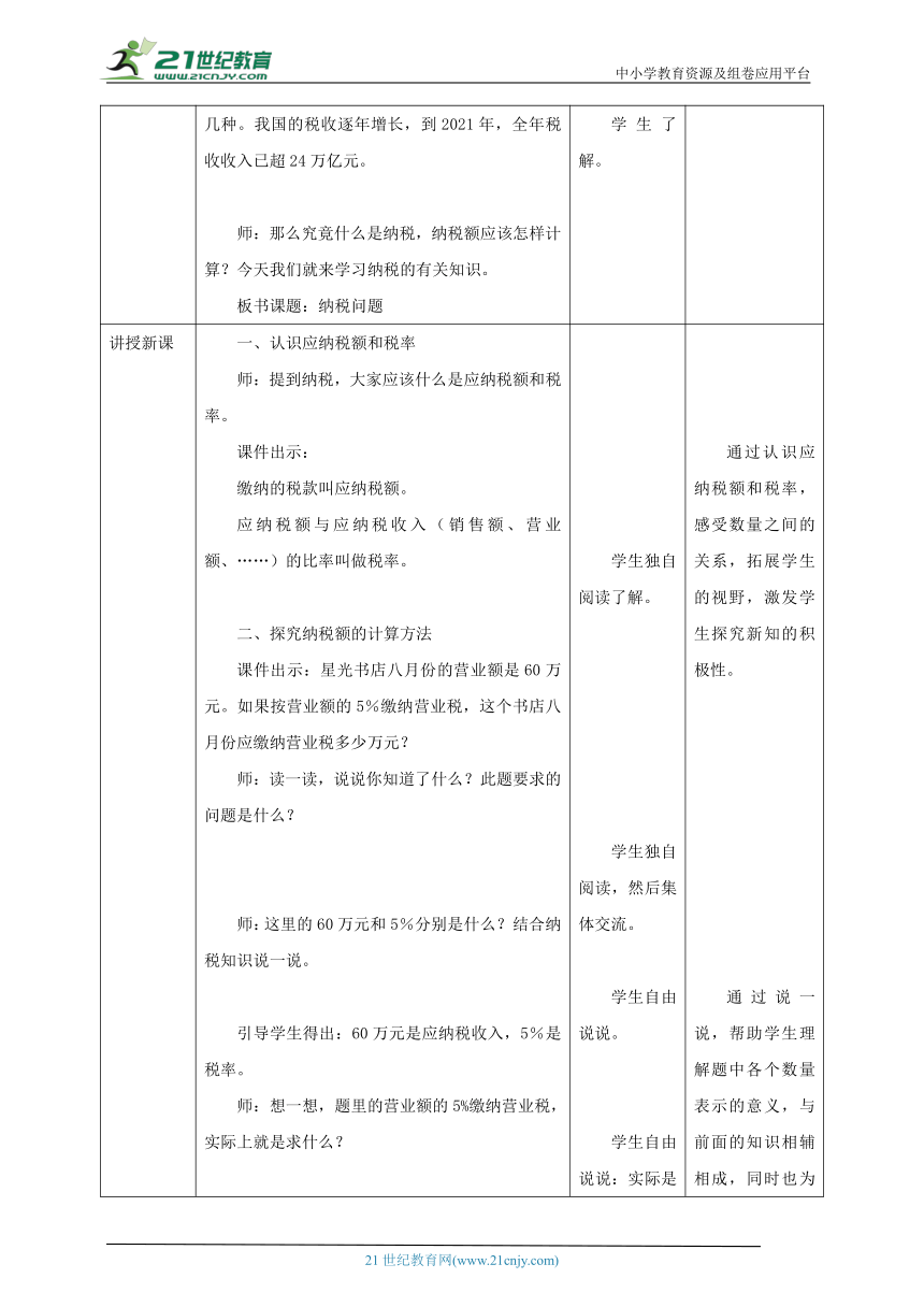 新课标核心素养目标苏教版六上6.5《纳税问题》教学设计