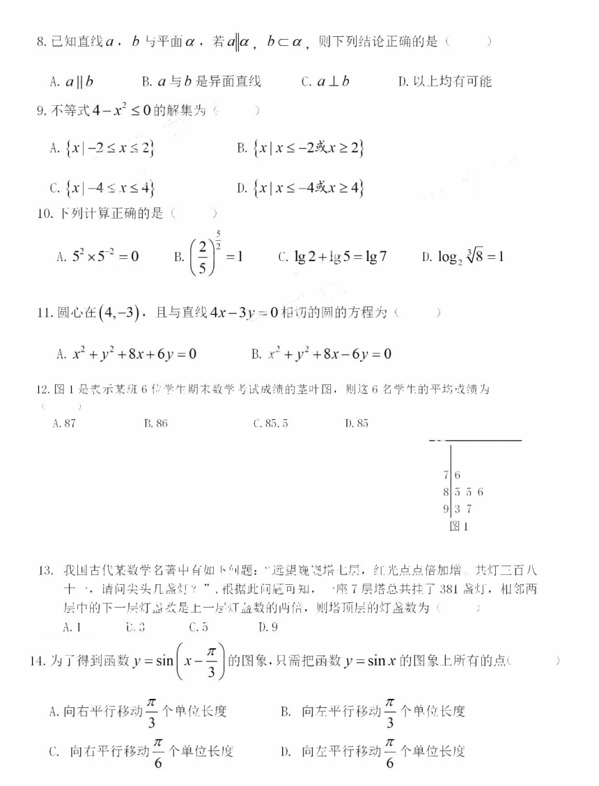 2021年1月广东省普通高中学业水平合格性考试数学试题（PDF版，无答案）