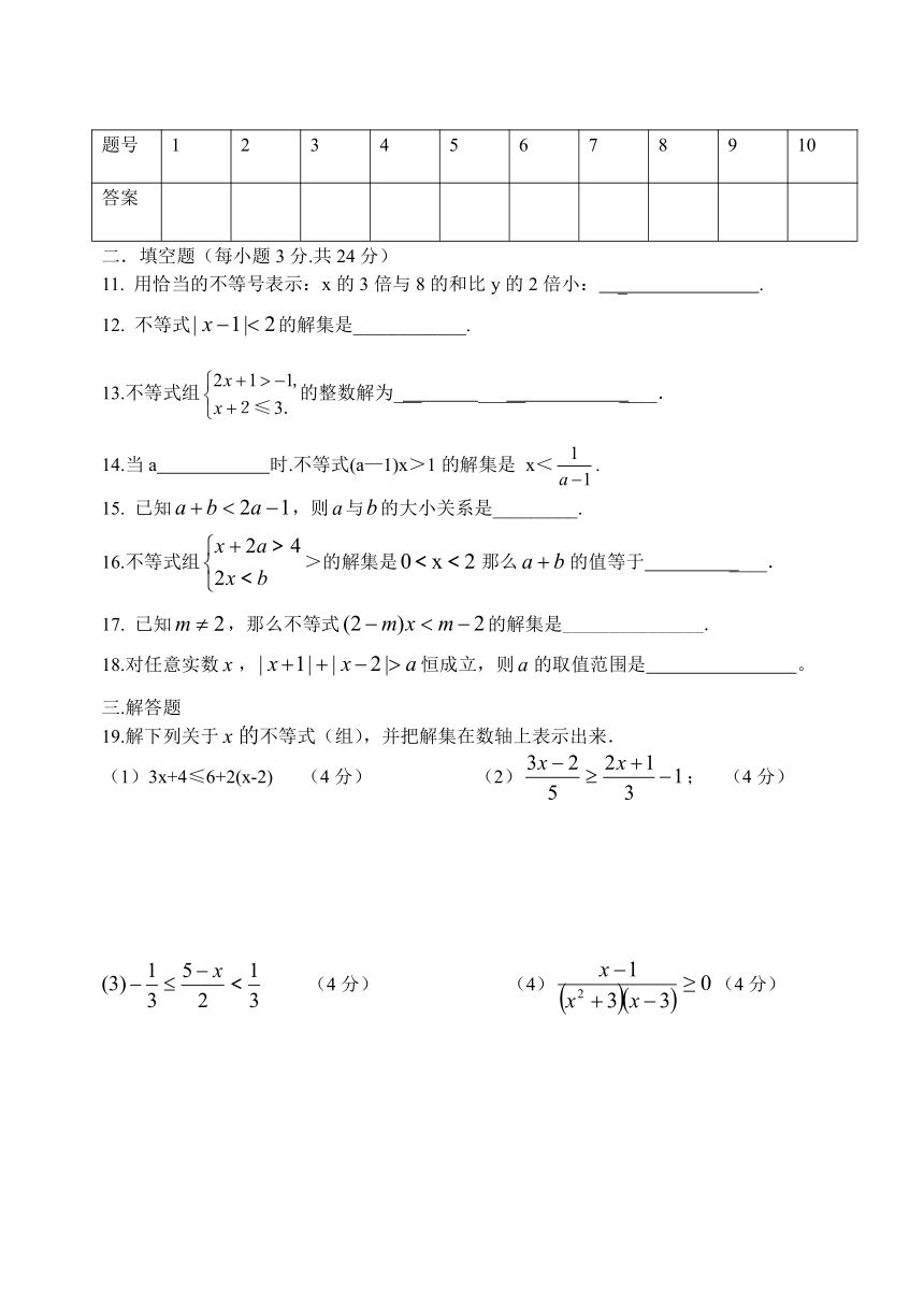 2022--2023学年人教版七年级数学下册第九章一元一次不等式组 单元检测（无答案）