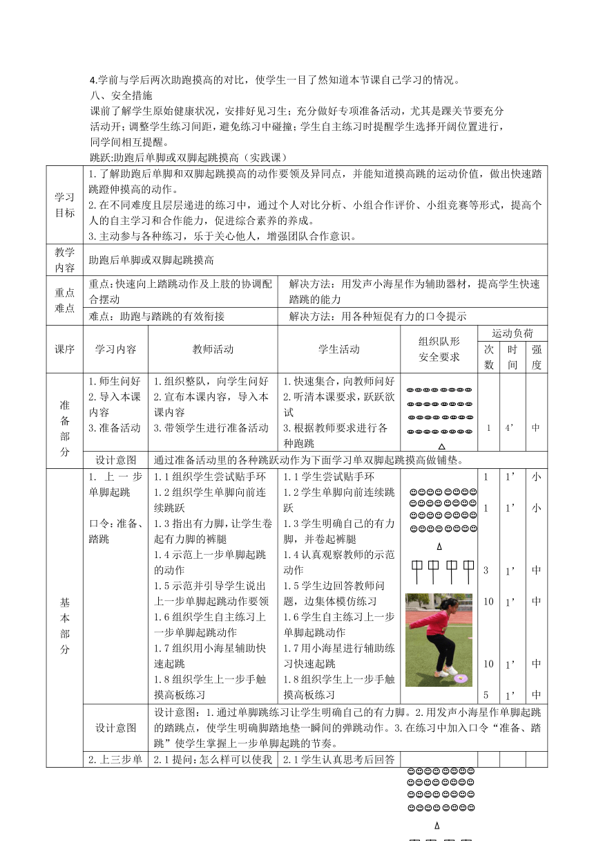 体育四年级上册 助跑后单脚或双脚起跳摸高 教案（表格式）