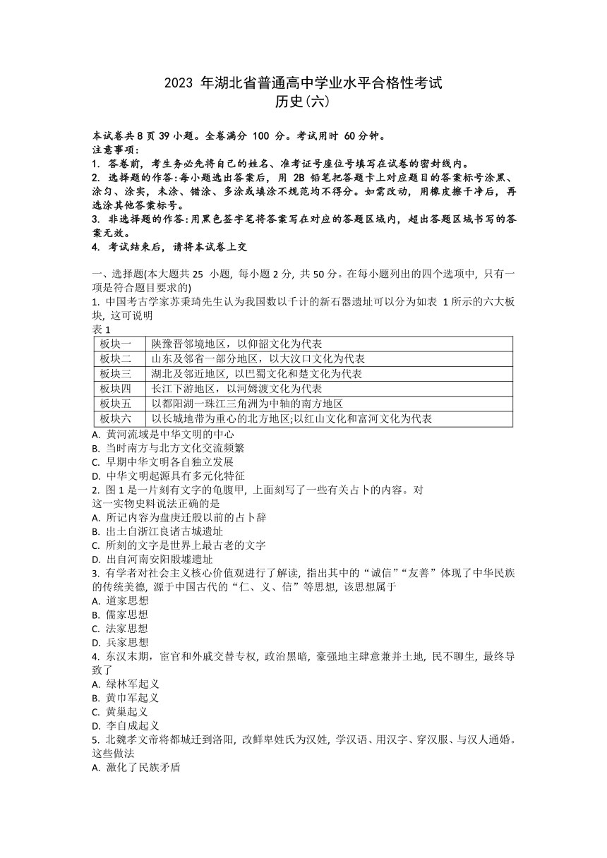 2023年湖北省普通高中学业水平合格性考试模拟（六）历史试题（Word版含解析）