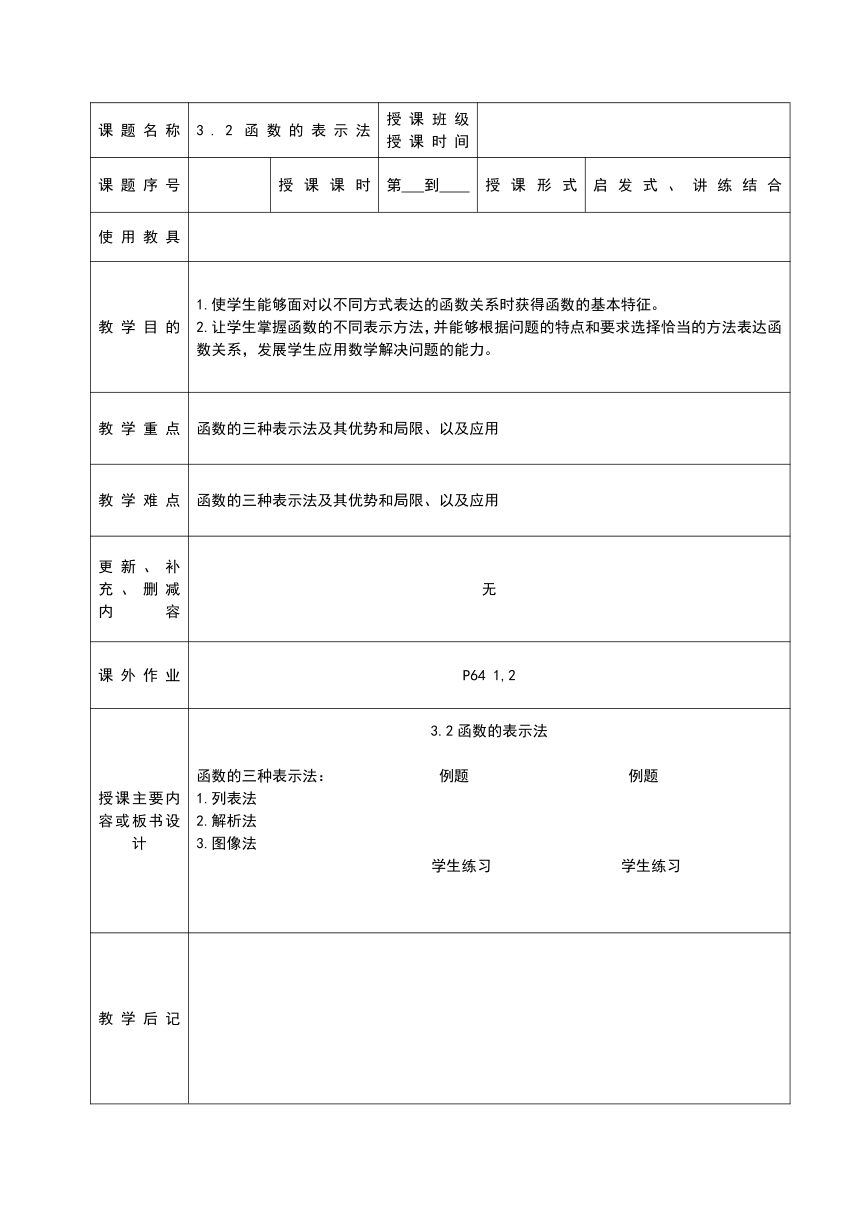语文版中职数学基础模块上册3.2《函数的表示法》word教案