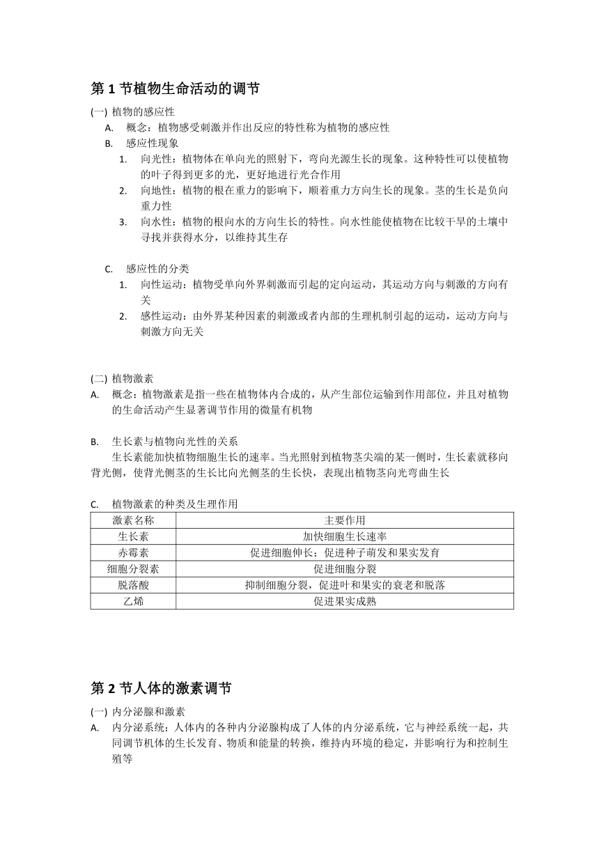 浙教版科学八年级上册第3章 生命活动的调节 知识梳理