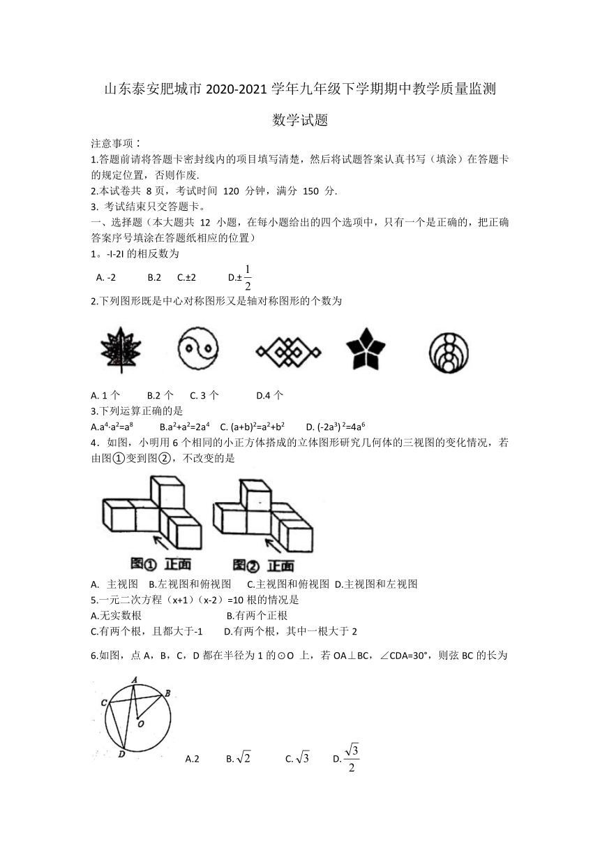 山东泰安肥城市2020-2021学年九年级下学期期中教学质量监测数学试题（word版 含答案）