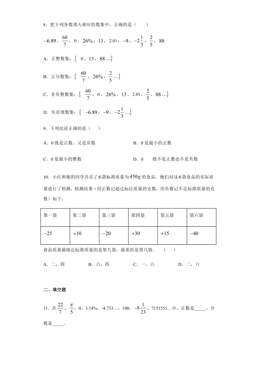 5.1有理数的意义-沪教版（上海）六年级数学第二学期同步练习（Word版 含答案）