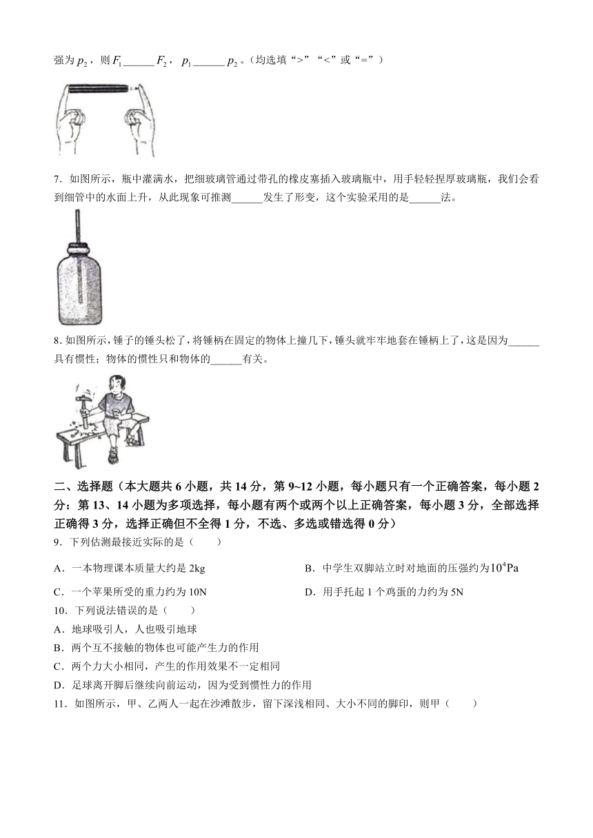 江西省赣州市于都县2023-2024学年八年级下学期4月期中物理试题（含答案）