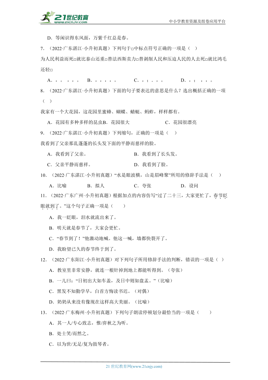 专题02 句子句法--2024年小升初语文备考真题演练（广东专用）（含答案）