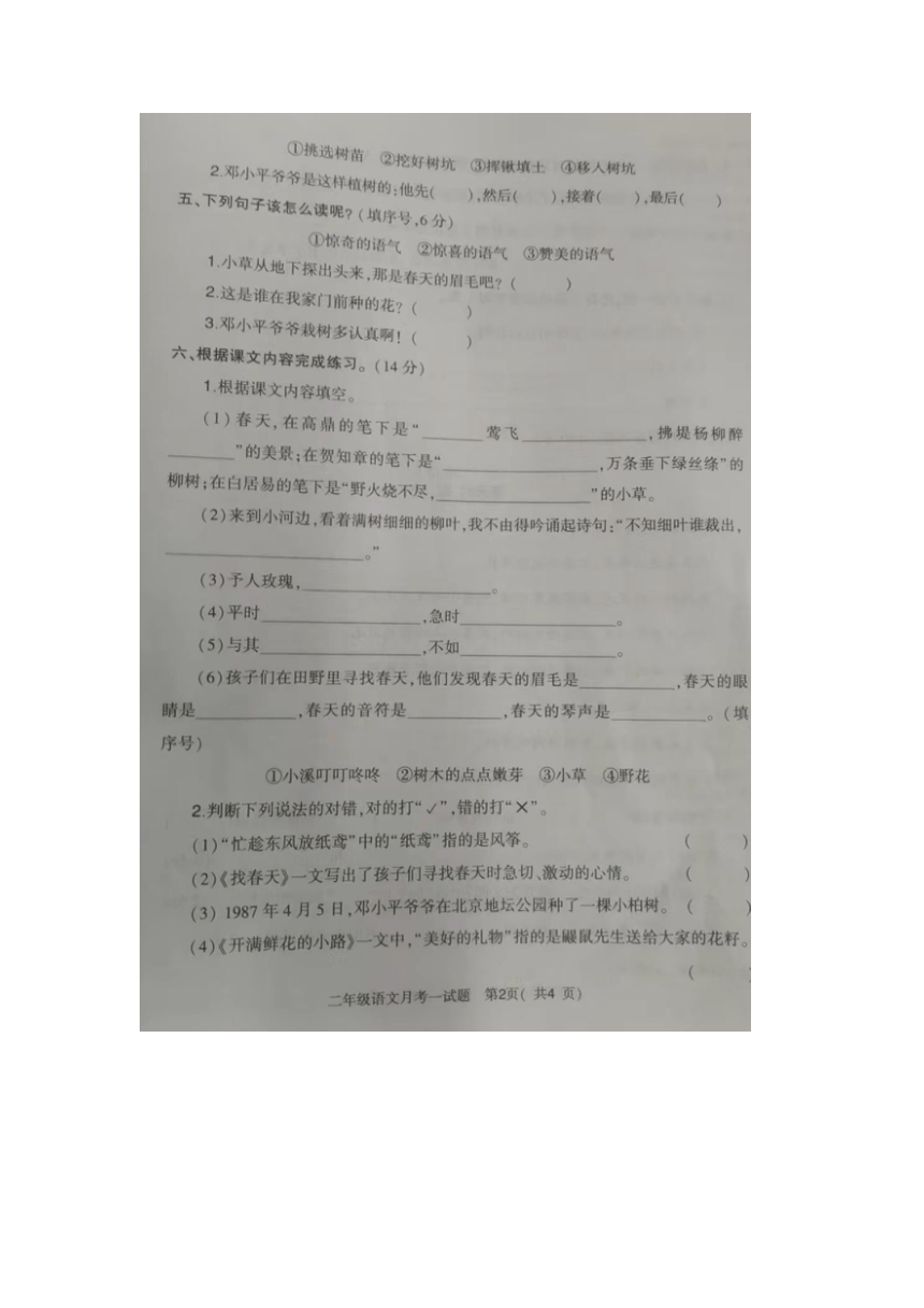 河南省信阳市2023-2024学年二年级下学期月考语文试题（图片版 无答案）