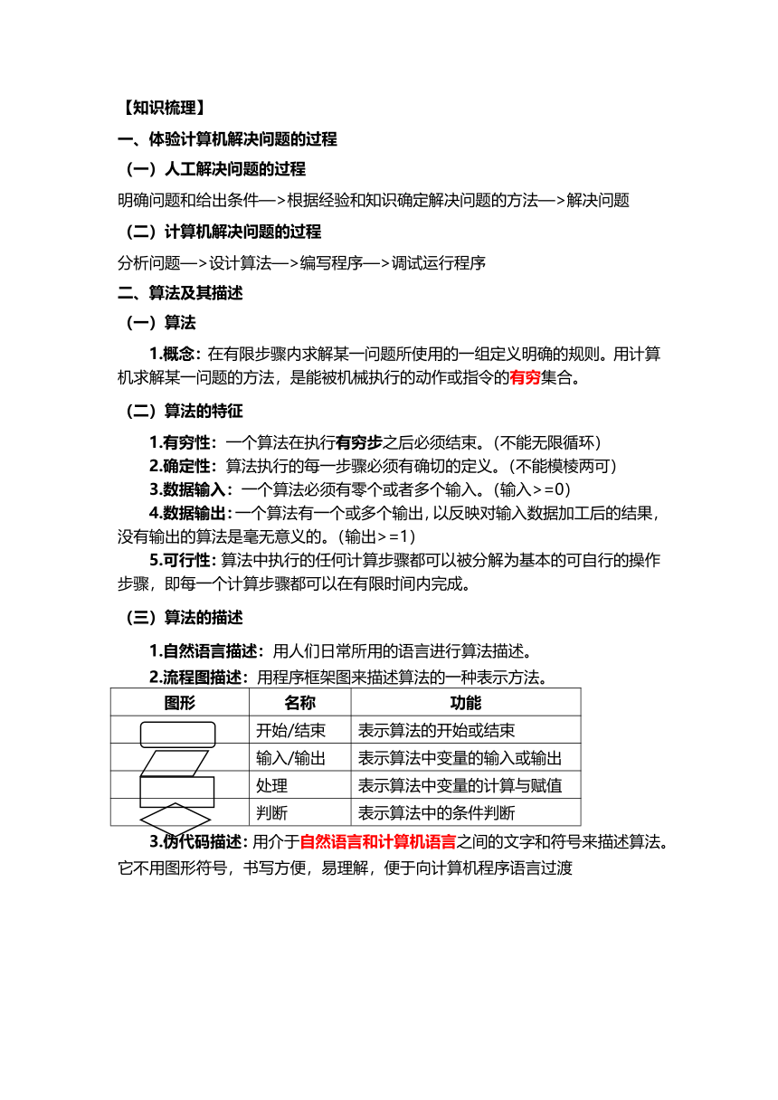 粤教版（2019）必修1 第3章 算法基础 知识点梳理复习 （含练习答案）