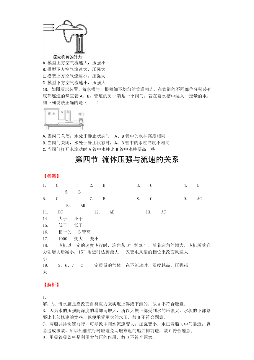 物理沪科版八年级 第8章 第四节 流体压强与流速的关系 课后练习（word解析版）