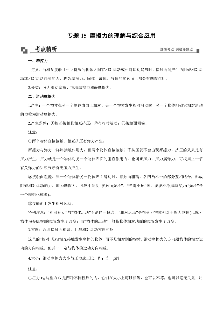 专题15  摩擦力的理解与综合应用 - 高一物理 经典专题精讲精练 人教版 必修第一册 （有解析）