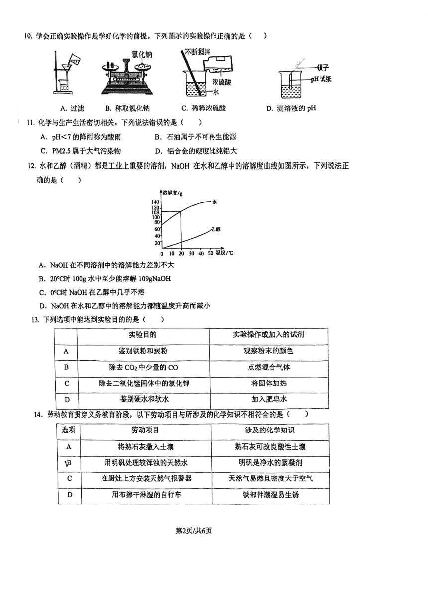 广东省肇庆市地质中学2023-2024学年九年级下学期第一次模拟考试化学试题（PDF版 无答案)