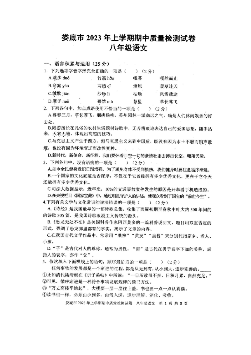 湖南省娄底市涟源市2022-2023学年八年级下学期期中语文试题（pdf版含解析）