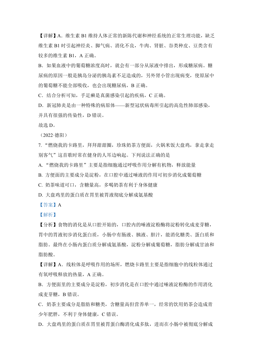 专题05 人体的营养和呼吸（答案和试题未分开）2022年中考生物真题 （全国通用）