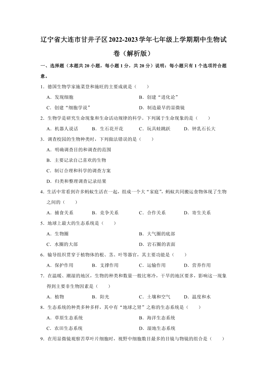 辽宁省大连市甘井子区2022-2023学年七年级上学期期中生物试卷（含解析）