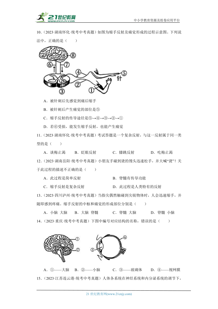 全国中考生物2023年真题分类汇编-37人体的神经调节②