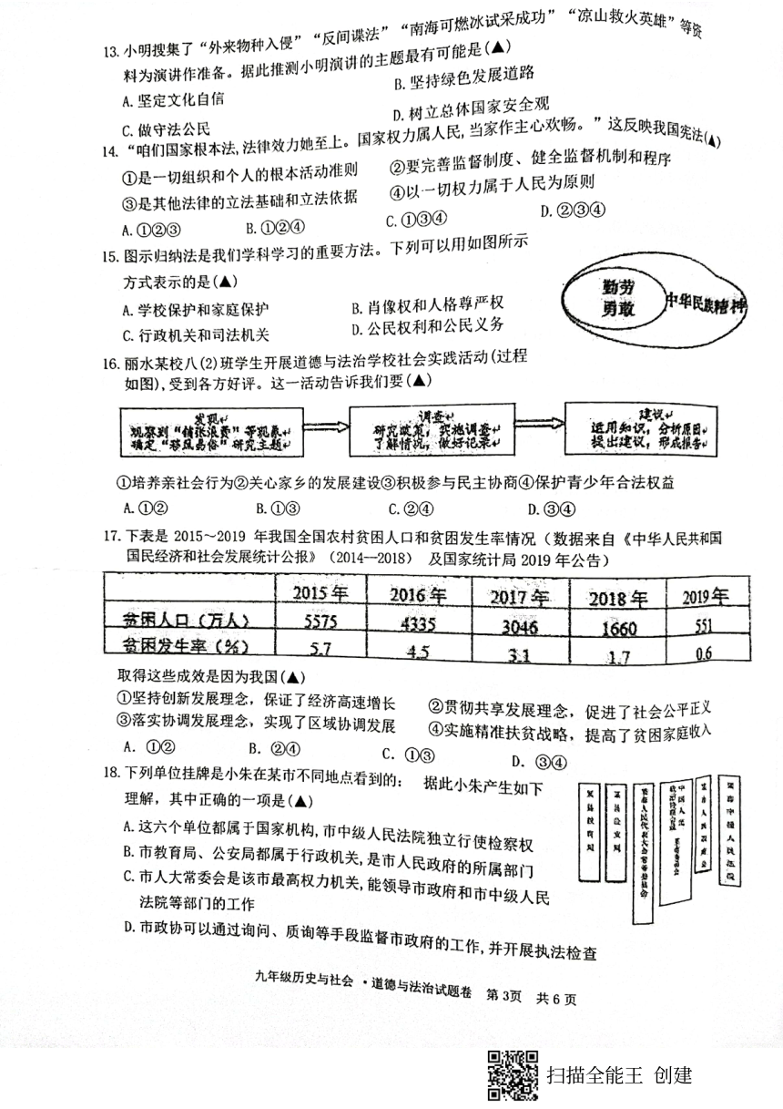 浙江省丽水市庆元县第二中学2021-2022学年下学期九年级社会法治开学检测试题（扫描版 无答案）