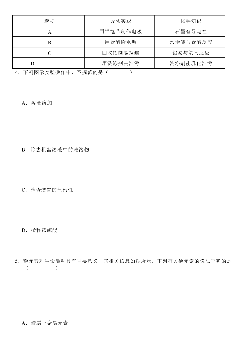 2024年中考第一次模拟考试化学试题（湖北卷）（无答案）