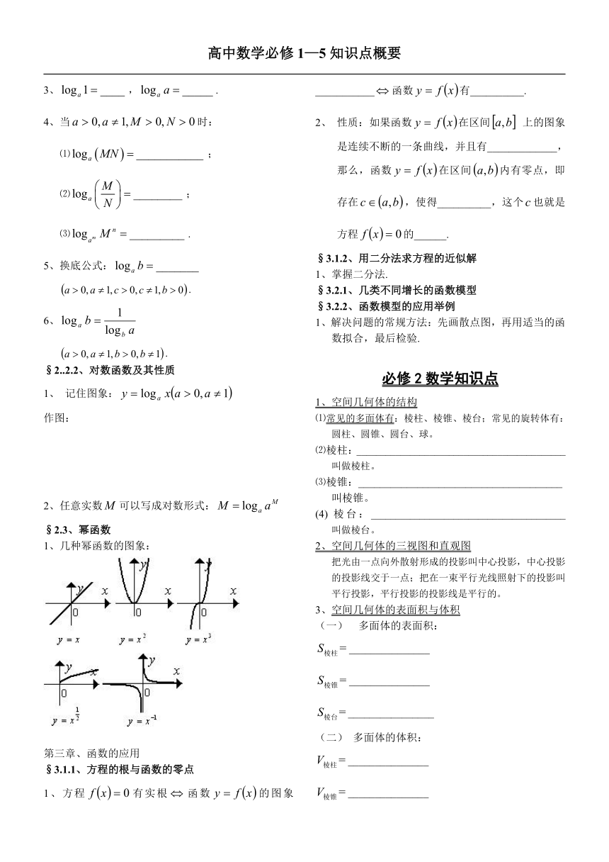 高中数学人教新课标A版 必修1—5知识点概要填空（无答案）