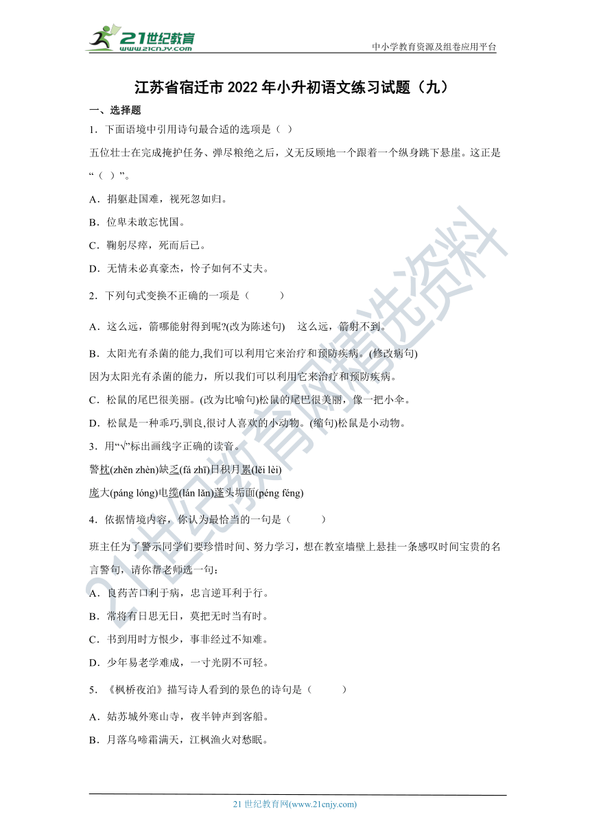 江苏省宿迁市2022年小升初语文练习试题（九）（含答案）