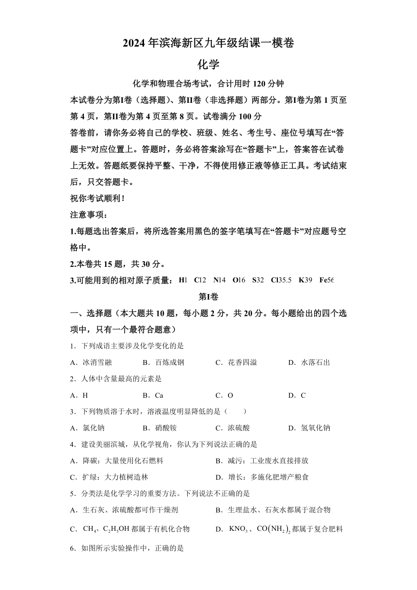 2024年天津市滨海新区九年级结课一模卷化学试题（含解析）