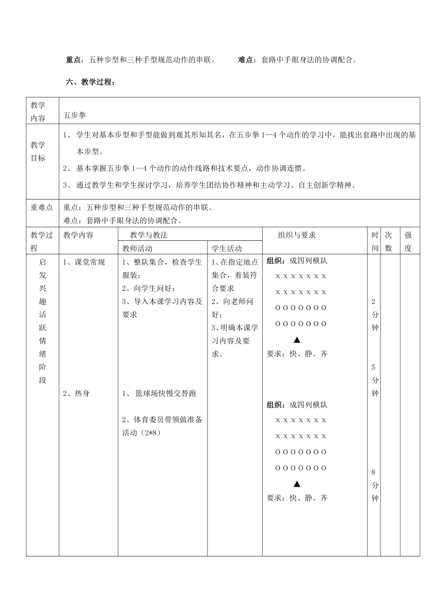 人教版七年级体育 8武术 五步拳 教案