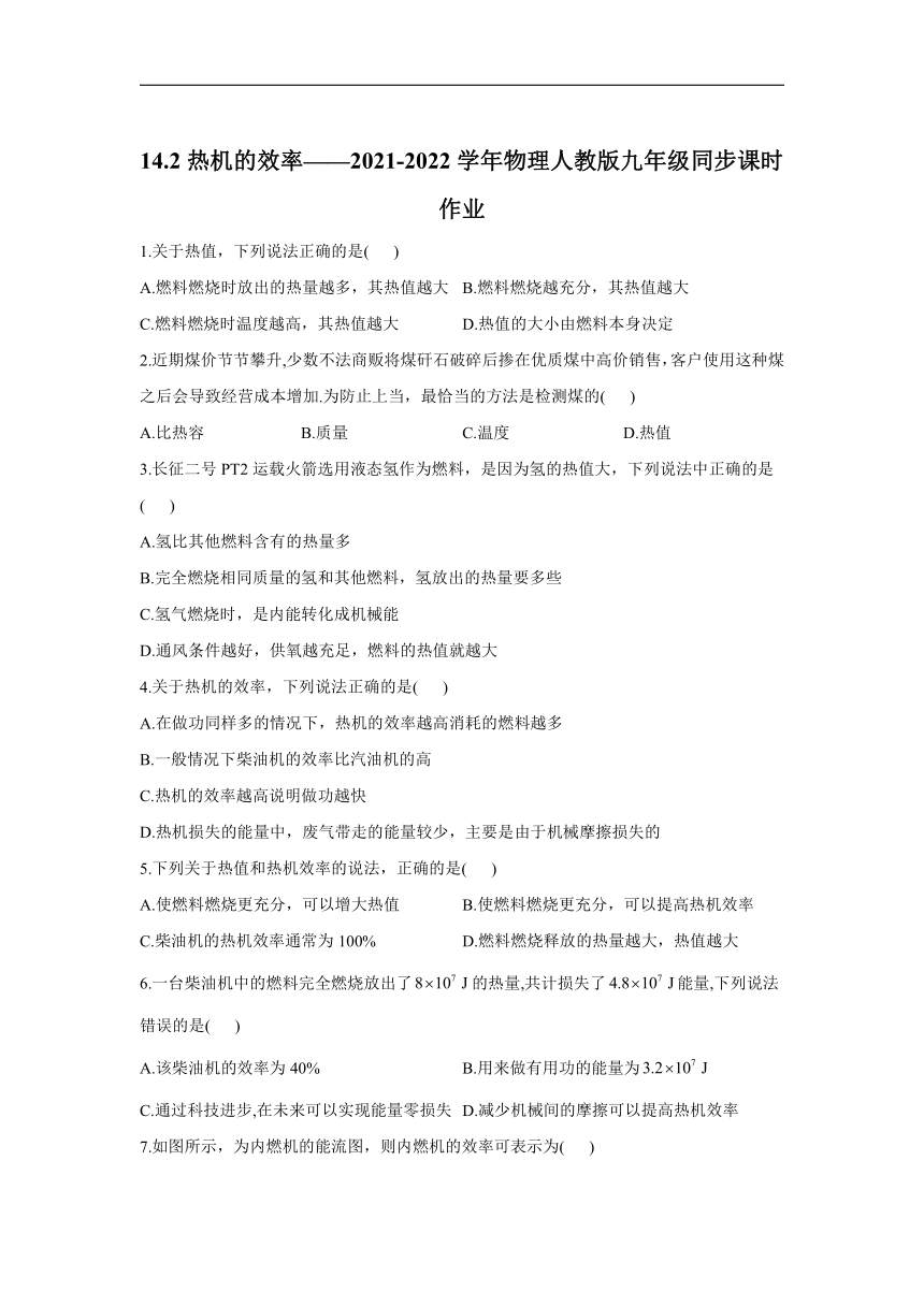 14.2热机的效率__2021-2022学年物理人教版九年级同步课时作业（含答案）